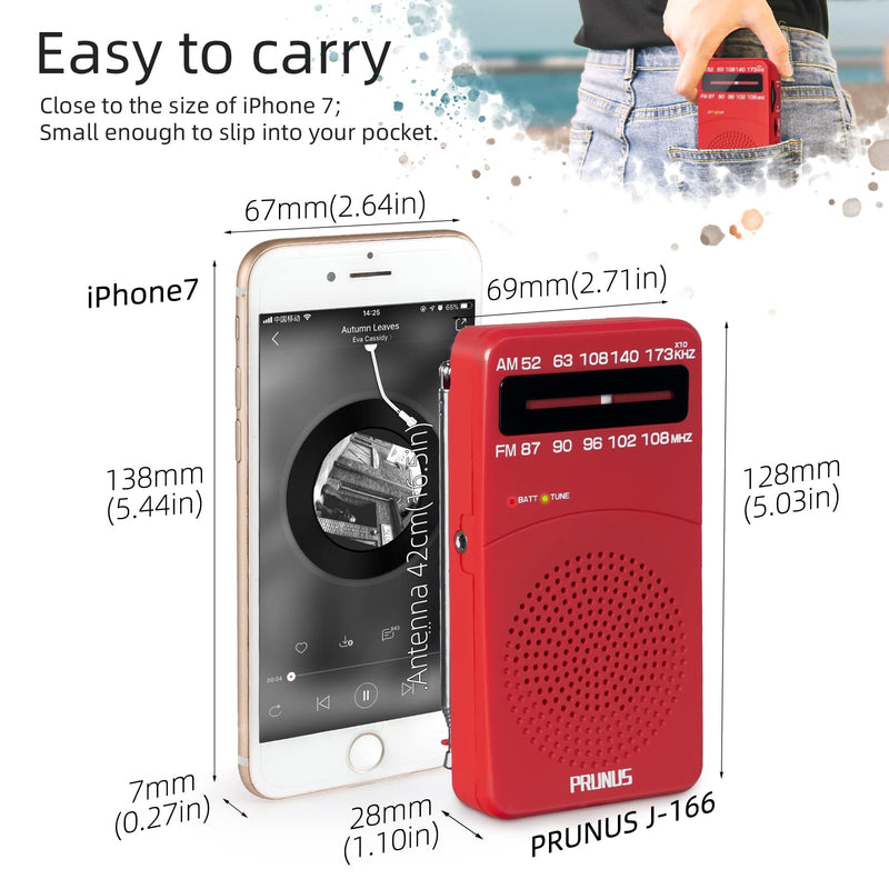 [Australia - AusPower] - PRUNUS J-166 Small Transistor Radio AM FM, Battery Operated Radio with Tuning Light, Back Clip, Excellent Reception for Indoor & Outdoor & Emergency Radio, Small Radio, Portable Radio Red 