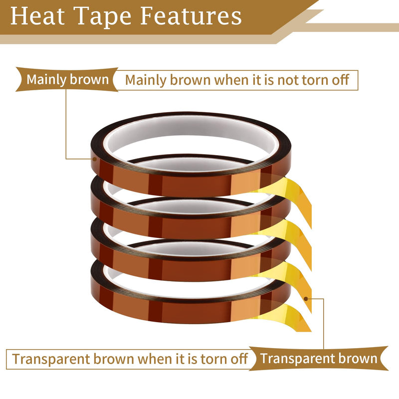 PEASUG Heat Tape, 4 Rolls High Temperature Heat Resistant Tape, Adhesive Heat Tape for Sublimation, Heat Press, Electronics, Soldering, Circuit Board, 10mm x33m(108ft)