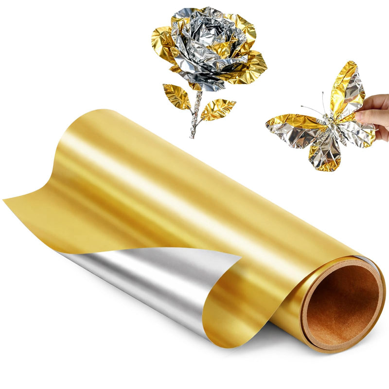 Yaocom Double-Sided Aluminum Foil - Gold & Silver, 12"x20ft Thick DIY Craft Sheet for Art Projects, Flowers, Origami, Scrapbooking, Multipurpose Metal Foil