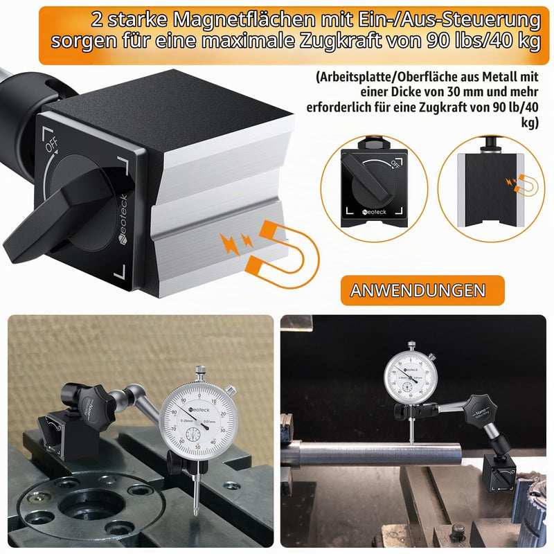 Neoteck Dial Indicator and Magnetic Base 20 mm Dial Indicator Set (0.01 mm) Measuring Tool for Laboratory Workshop 3D Printer - 90 lbs (40 kg) Max Pull