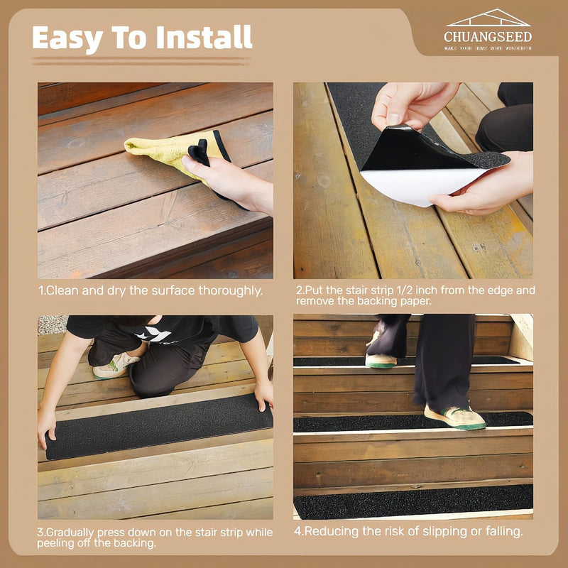 CHUANGSEED 12-Pack Non-Slip Outdoor Stair Treads Grip Tape 4'' x 30'', Heavy Duty Black Grit Anti-Slip,High Traction Adhesive Treads Suitable for Most Slippery Surfaces 4''x30''