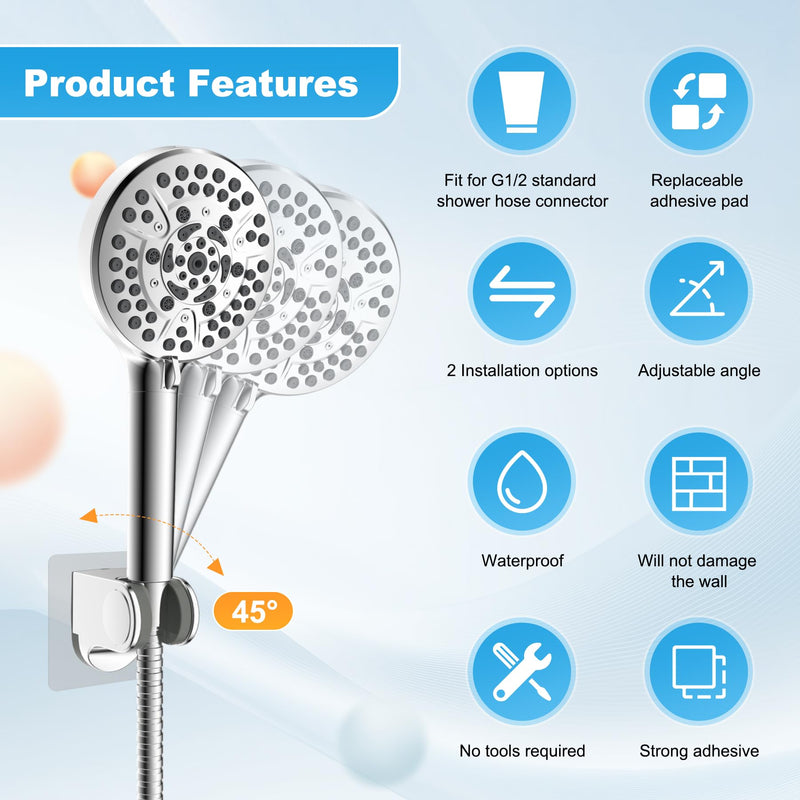 Hibbent 2 Pack Shower Head Holder - Strong Adhesive, Waterproof, Height Adjustable, Wall Mount, No Drilling, Chrome Finish