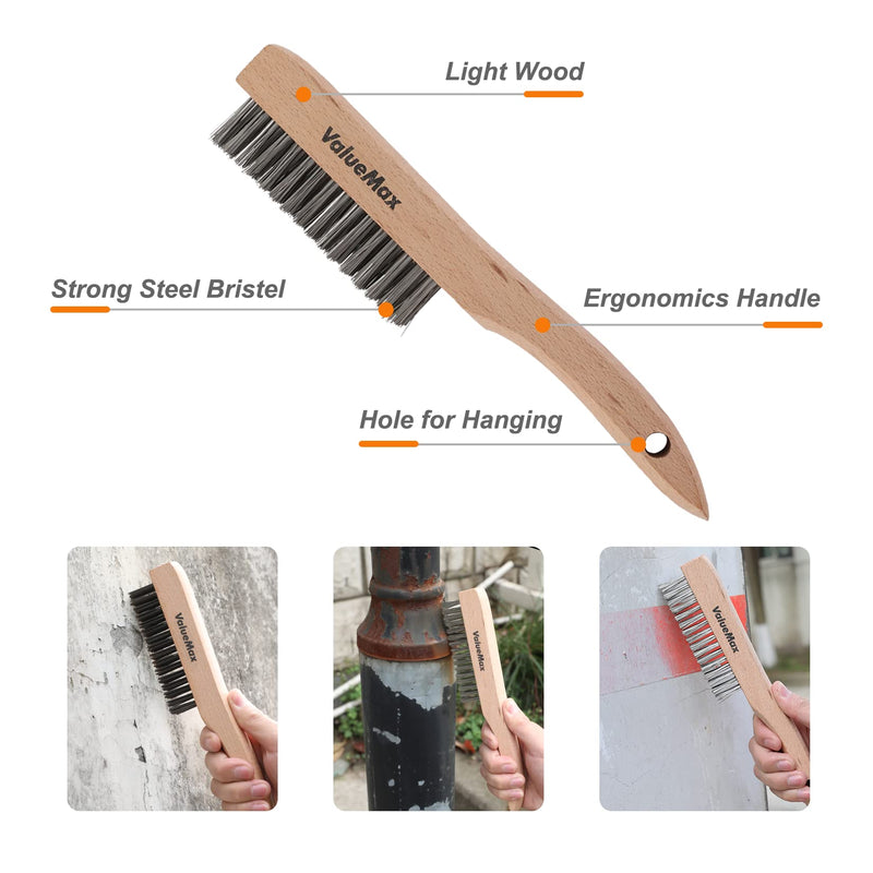 [Australia - AusPower] - ValueMax Wire Brush Set, 8Pcs Stainless Steel/Brass/Nylon Bristles with Curved Handle Grip, Heavy Duty Stainless Steel Wire Scratch Brush with Beechwood Handle for Rust, Dirt and Paint Cleaning 