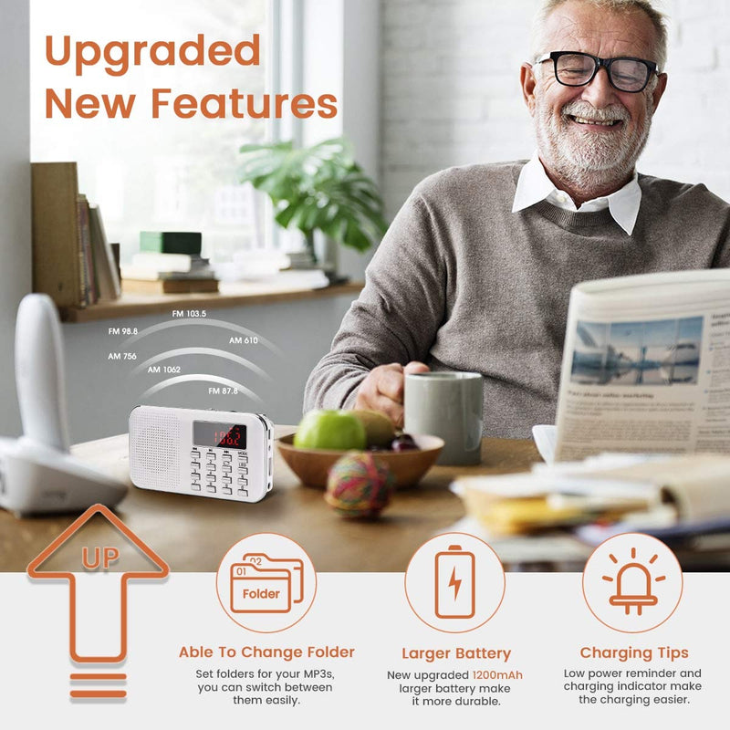 [Australia - AusPower] - Mini Portable Radio AM FM Pocket Radio with MP3, LED Flashlight, Digital Radio Speaker Support Micro SD/TF Card/USB, Auto Scan Save, 1200mAh Rechargeable Battery Operated, by PRUNUS White 