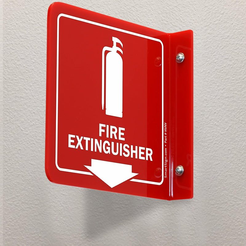 SmartSign (4-Pack) Fire Extinguisher Projecting Sign - 6" x 6", Two-Sided Wall Mount Polished Acrylic Hallway Sign with Down Arrow, White on Red 6" x 6" - Pack of 4