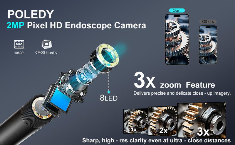 [Australia - AusPower] - Endoscope Camera with Light, 1920P HD Borescope, 8 Adjustable LED Light, IP67 Waterproof 16.4ft Snake Camera, Semi-Rigid Cable Inspection for Android, iOS 
