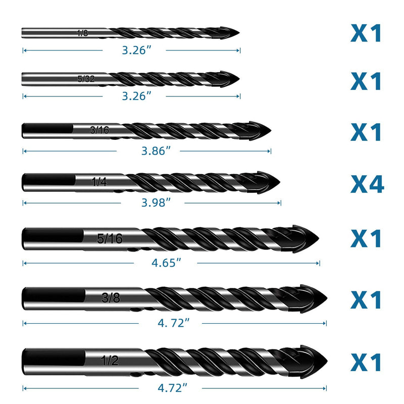[Australia - AusPower] - 10-Piece Masonry Drill Bits Set for Tile Glass Ceramic Brick Wood, 1/8 to 1/2 Inch Drilling Bits with Triangle Handle, YG8 Tungsten Steel Alloy Tip.?Black? 10 Piece Masonry Drill Bit 