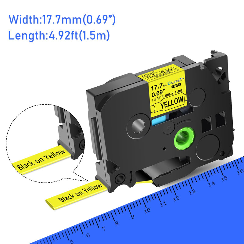 USUPERINK 3 Pack Compatible for Brother Ptouch HSe-641 HSe641 HS-641 HS641 17.7mm Black on Yellow Heat Shrink Tube Tape use in PT-D400 PT-D600 PT-E300 PT-E500 P710BT Label Maker (0.69''x 4.92ft)