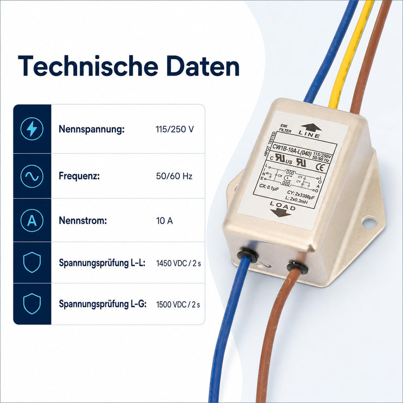 Jadeshay EMI Filter, CW1B-10A-L(040) Single-Phase Filter EMI Mains Filter 125/250V | High performance, for suppressing continuous and intermittent pulse interference