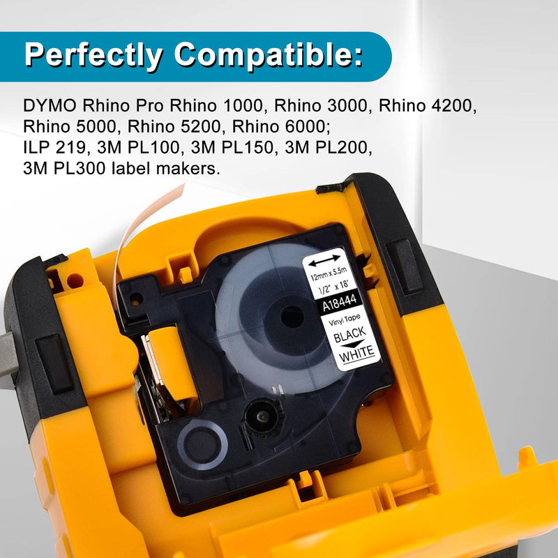 5 Pack Compatible for Dymo Rhino 1805435 1/2" 12mm White on Black Label and 3 Pack 18444 1/2" 12mm Black on White Vinyl Permanent Industrial Label Tape