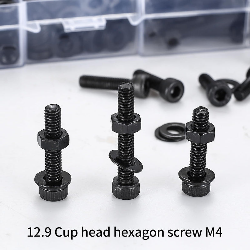 [Australia - AusPower] - M4 Hex Socket Head Cap Screws Bolts and Nuts and Washers Assortment Kit, 520 Pcs Metric Allen Hex Socket Drive Screws Bolts, 12.9 Grade Alloy Steel, Black Oxide Finish, Fully Threaded M4-520 B 