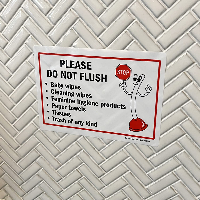[Australia - AusPower] - SmartSign 5 x7" Funny Please - Do Not Flush Wipes, Feminine Products, Paper Towels, Tissues, Trash Sticker Labels Pack of 4, 5 mil Laminated Polyester with SuperStick Adhesive, Red Black White 5" x 7" - SuperStick Label 