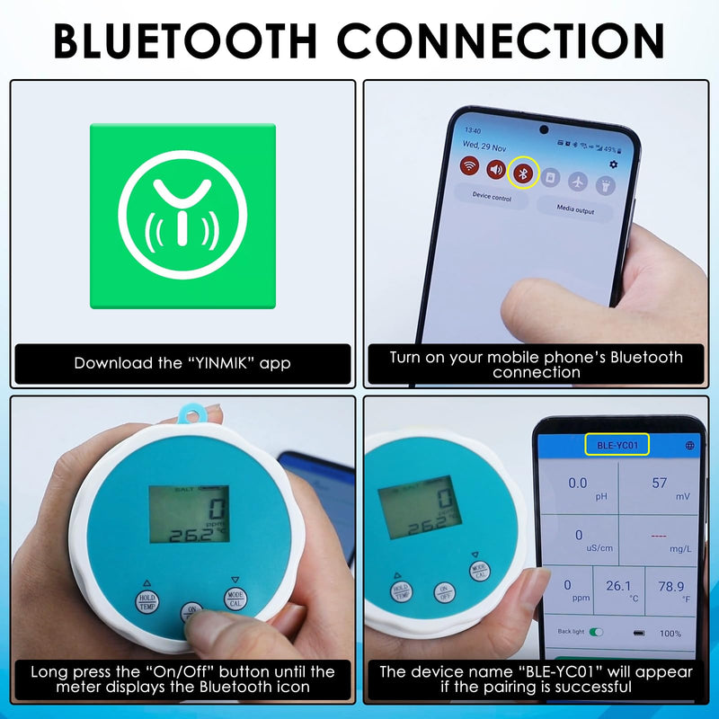 [Australia - AusPower] - Floating Smart Digital Pool Thermometer - 6-in-1 Bluetooth Water Meter, IP67 Waterproof, Tests EC, Salinity, pH, ORP, Temperature, Chlorine for Swimming Pools, Hot Tubs, Ponds 