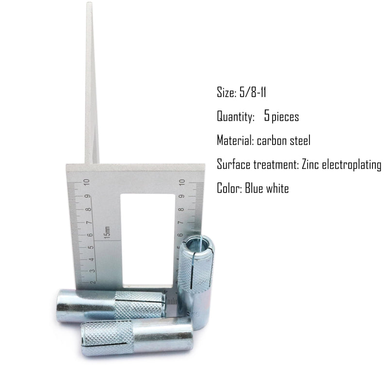 [Australia - AusPower] - 5pcs Drop in Anchors, (5/8''-11) Knurled Drop-in-Anchor for Solid Concrete, Internal Forced Expansion Screw Bolts, Carbon Steel, Zinc Plated (Silver) 