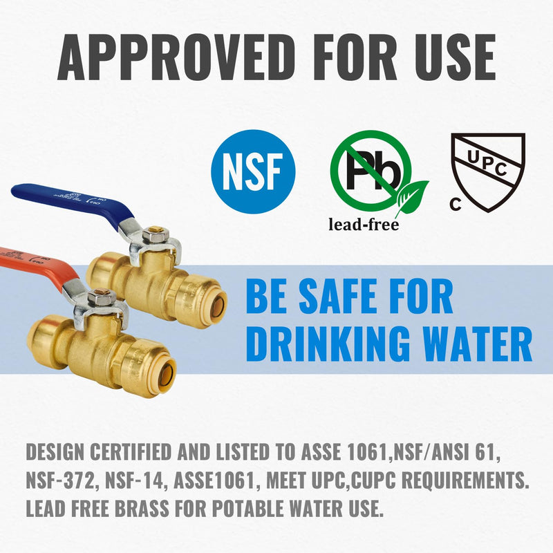 [Australia - AusPower] - Shut Off Ball Valve 1/2 Inch, SUNGATOR 1/2 Inch Ball Valve, Push to Connect Water Shut off Valve, Easily Match to Pipe using Red and Blue Handle, No Lead Brass Fitting, PEX Pipe,Copper,CPVC, Pack of 2 1 Red + 1 Blue, 2 Pack 