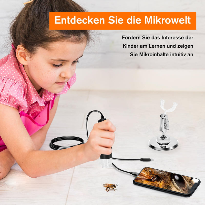 WADEO Digital Microscope, USB Microscope 1440P HD with 50X-1600X Magnification, Portable Inspection Camera, WiFi-Free, Wired Handheld Microscope with 8 LEDs and Stand, iOS, Android and Tablets Compatible
