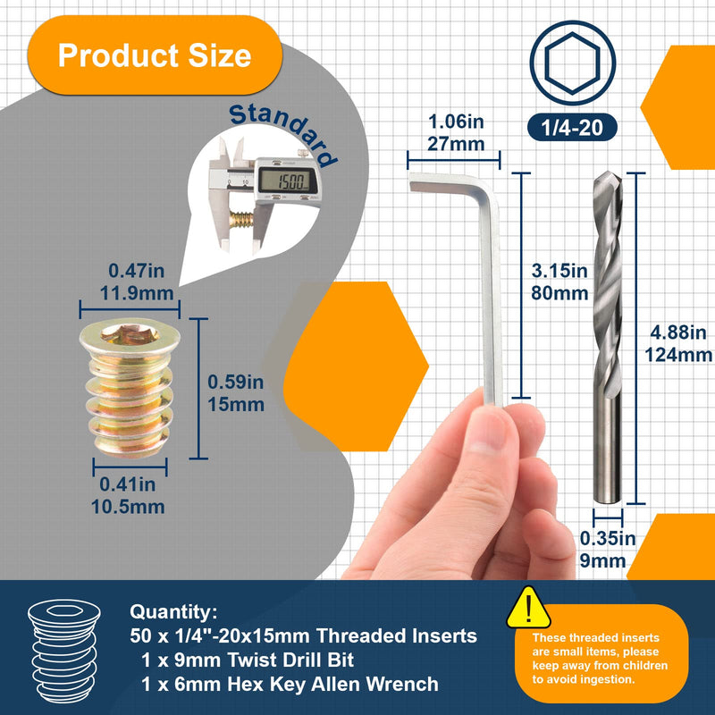 [Australia - AusPower] - 50 Pcs Premium Threaded Inserts for Wood, 1/4-20 Threaded Inserts with Drill Bit & Hex Key, Upgrade High Hardness Carbon Steel (1/4"-20x15mm) Yellow 