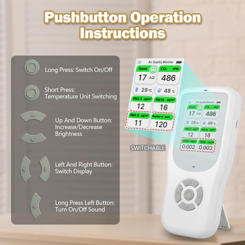 11-in-1 Air Quality Monitor - Portable Indoor Air Quality Detector with Stand, Real-Time Test for AQI, CO2, PM2.5, PM1.0, PM10, TVOC, HCHO, Particles, Humidity & Temperature White-White