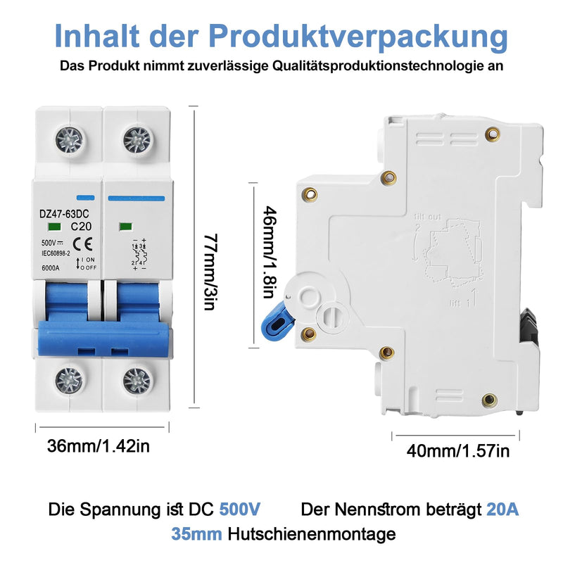 [Australia - AusPower] - Pack of 2 DC Isolator Switches PV System, 500 V 20 A 2-Pin Solar Circuit Breaker, Circuit Breaker for Photovoltaic Systems, Protection Air Switch 35 mm DIN Rail Mounting 500 V 20 A 2 pin 