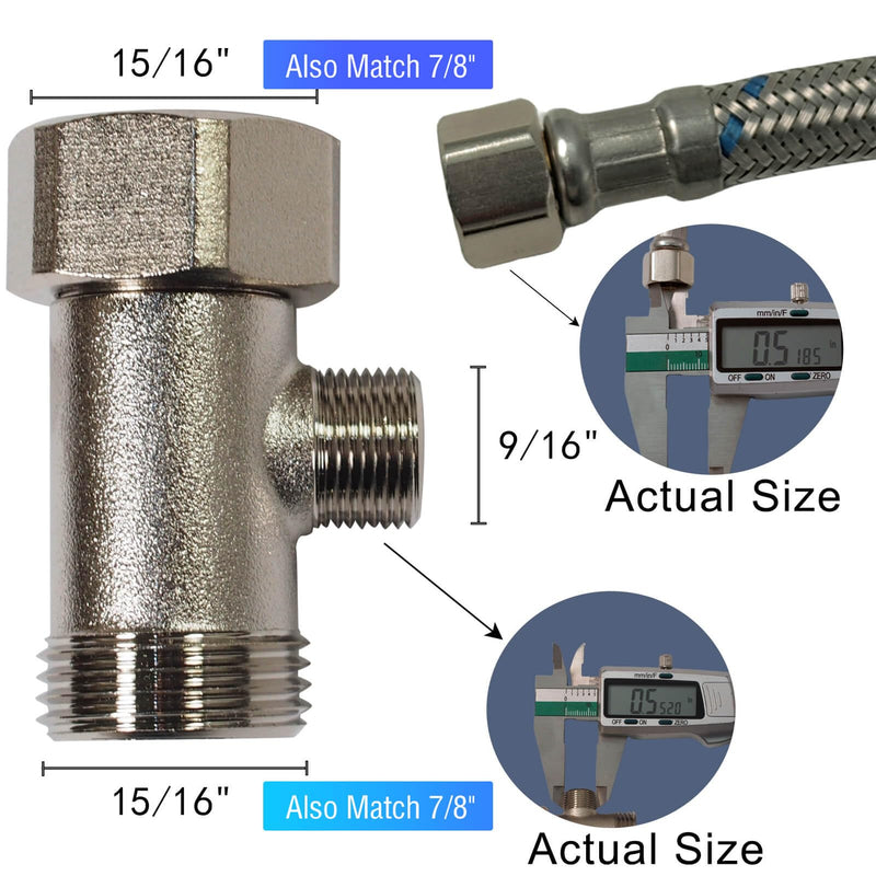 Bidet T Adapter - T Valve for Bidet, 15/16″ x 15/16″ x 9/16″ or 7/8″ x 7/8″ x 3/8″, Brass Coated Nickel, 3 Way Adapter or Tee Connector
