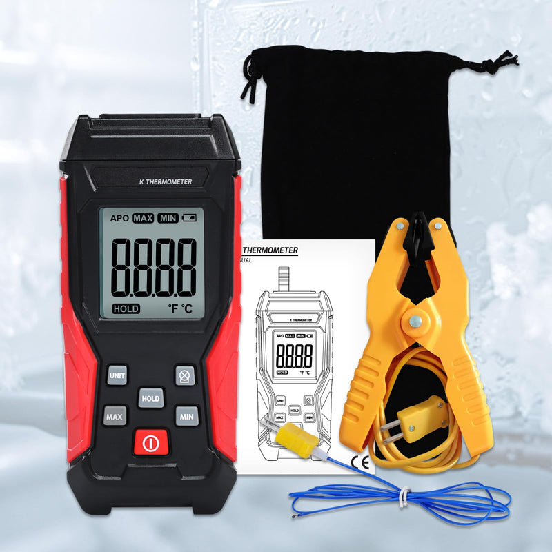 [Australia - AusPower] - Digital K Type Thermometer, Thermocouple Thermometer Single Channel Thermocouple Tester(-328~2501℉) with 1 Temperature Clamp and 1 Thermocouple Probes LCD Display for K Type 