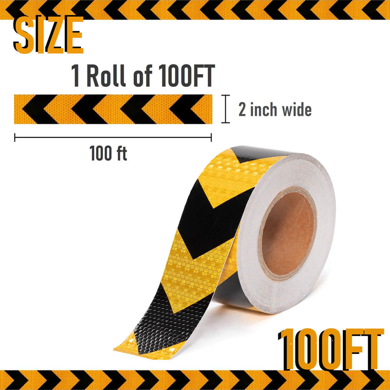 2 Inch X 100 Feet Black Yellow Arrow Reflective Hazard Safety Warning Caution Tape, Reflector Industrial Marking Tape for Trailers Vehicles Stairs Steps Floor Boats Outdoor Waterproof Yellow&Black-100FT