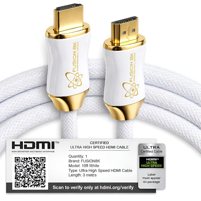 Fusion8K White HDMI 2.1 Cable 3ft - Certified 48Gbps 8K@60Hz 4K@120Hz 10K | HDR Dolby Vision eARC | Braided Cord for PS5 Xbox Series X Apple TV 4K 3 Feet