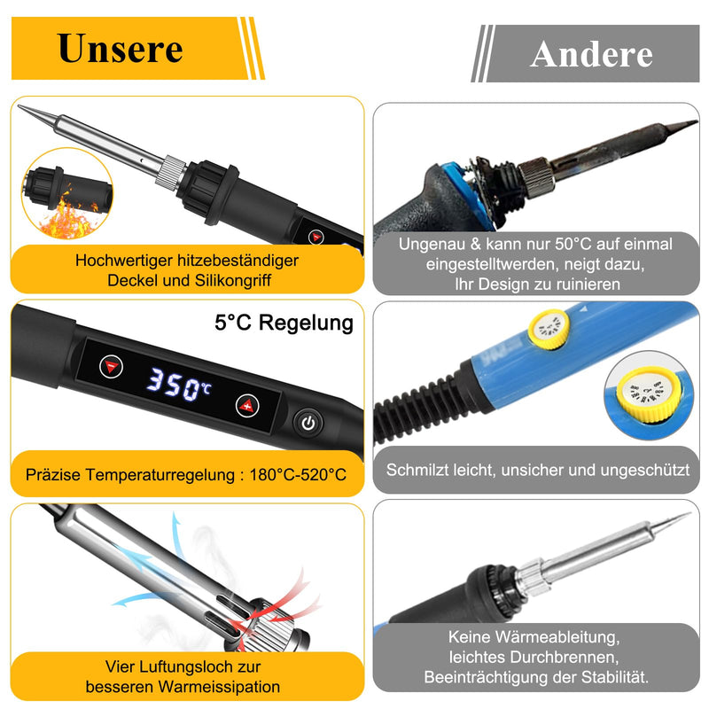 Edasion Soldering Iron Set 80W LED Temperature Adjustable 180~520°C with Switch | Soldering iron with 15-second fast heating, 50g lead-free solder wire, 5 soldering tips, desoldering pump, soldering iron stand, tweezers, soldering set black