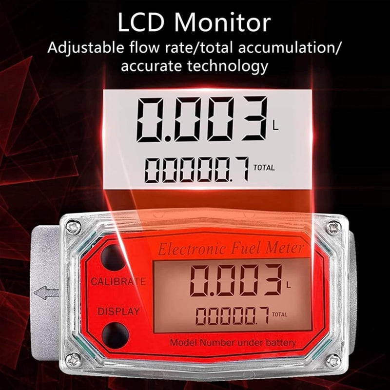Turbine Flow Meter, 1 Inch NPT Mini Digital Turbine Flow Meter, Digital Peak Flow Meter, Fuel Flow Meter, 10-200 L, with Instant and (Red LLW-25) Red LLW-25