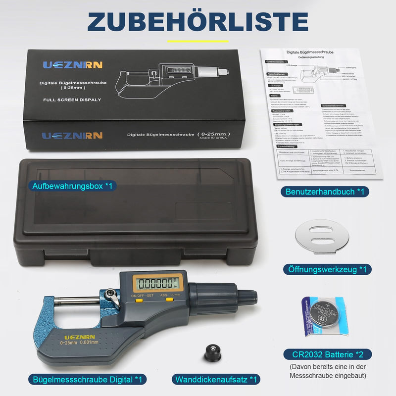 Ueznirn Outside Micrometer Digital 0-25 mm 0.001 mm/0.00003 Inches | High precision micrometer digital micrometer, LCD micrometer digital micrometer with wall thickness attachment