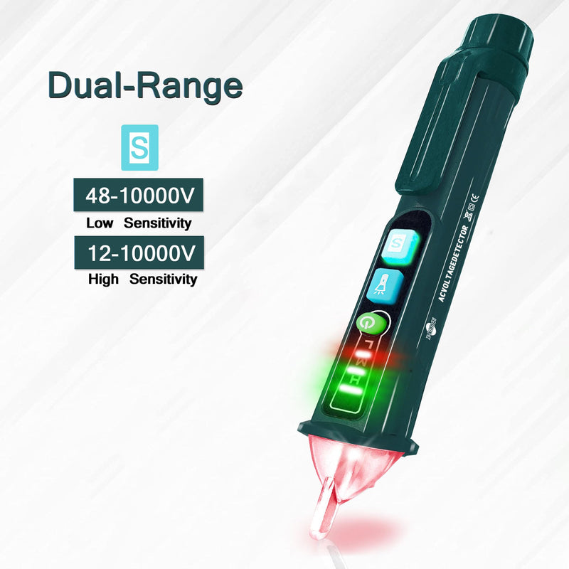 [Australia - AusPower] - Voltage Tester, Non-Contact Voltage Detector, Dual Range Electrical Tester, 12V-1000V/48V-1000V, Live Wire Tester with LED Flashlight, Buzzer Full Green Voltage test pen 