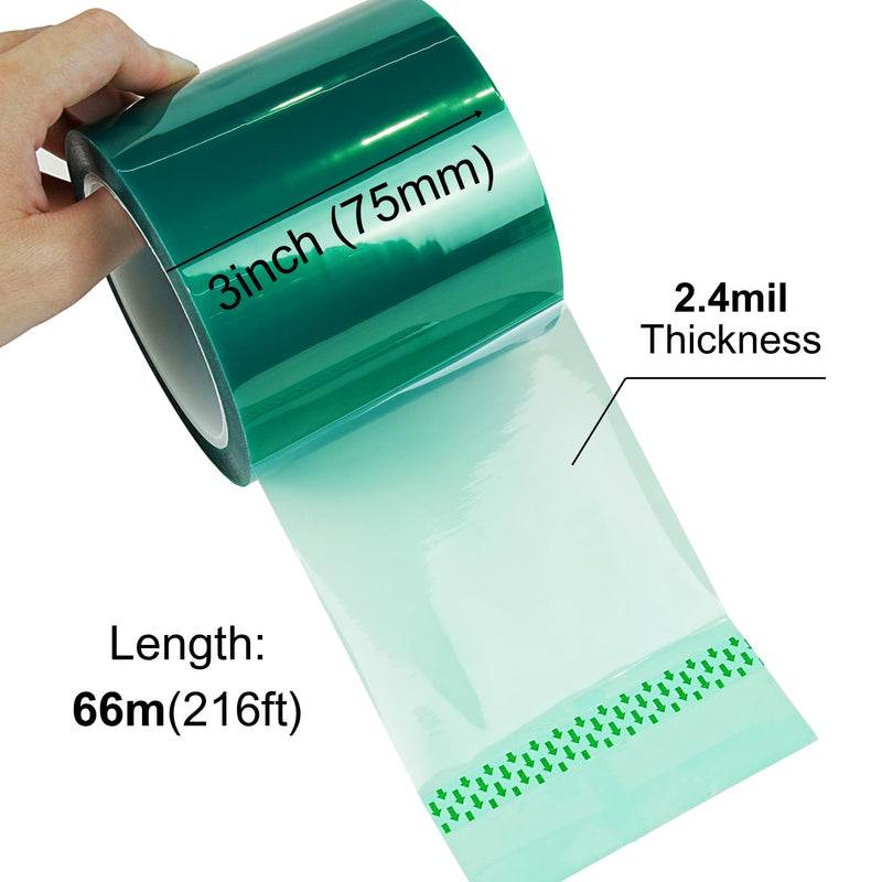CHUANGSEED Heat Resistance Tape for Resin Molds, Powder Coating, Circuit Borads, Adhesive Residue-Free High Temp Masking Tape Epoxy Release -3inches x 66m（216FT） 3'' x 216ft