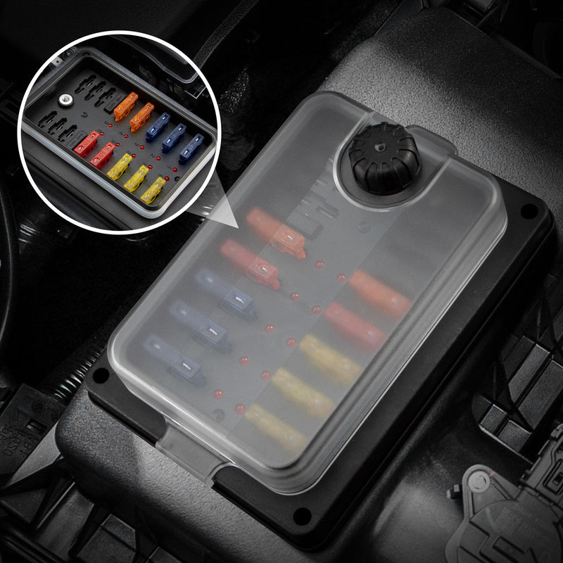 100A 10 Way Fuse Block, 12V Fuse Box Holder 10 Independent Circuits - Access to Groups of High and Low Voltages, 12 Volt Fuse Blade Panel with Led Indicator Waterproof Cover for Car Truck Boat Marine