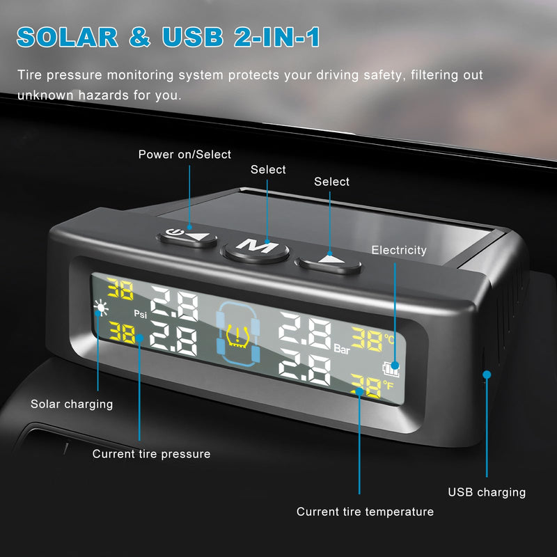 Tire Pressure Monitoring System, Vehicle Tire Pressure Monitor with Solar Charger & 4 External Sensors, Real-Time LCD Display TPMS w/6 Alarm Modes for Car Truck RV