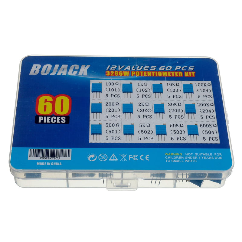 [Australia - AusPower] - BOJACK 12 Values 60 pcs Variable Resistor 100 to 500K ohm 3296W Multiturn Trimmer Potentiometer Assortment Kit 