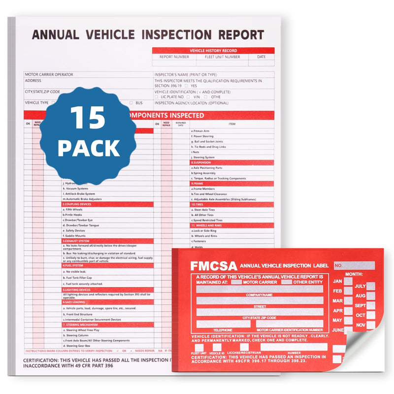 15-Pack Annual Vehicle Inspection Report Form, 3-Ply Carbonless Form and Hardboard, Includes 15-Pk Red FMCSA DOT Permanent Aluminum Adhesive Stickers, DOT Compliant