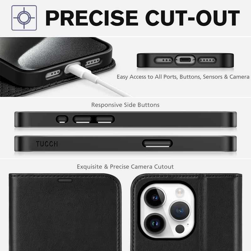 [Australia - AusPower] - TUCCH Case for iPhone 15 Pro Wallet Case, RFID Blocking [4 Card Holder] Kickstand [Shockproof TPU Inner Shell] PU Leather Magnetic Protective Flip Cover Compatible with iPhone 15 Pro 6.1" 2023, Black 