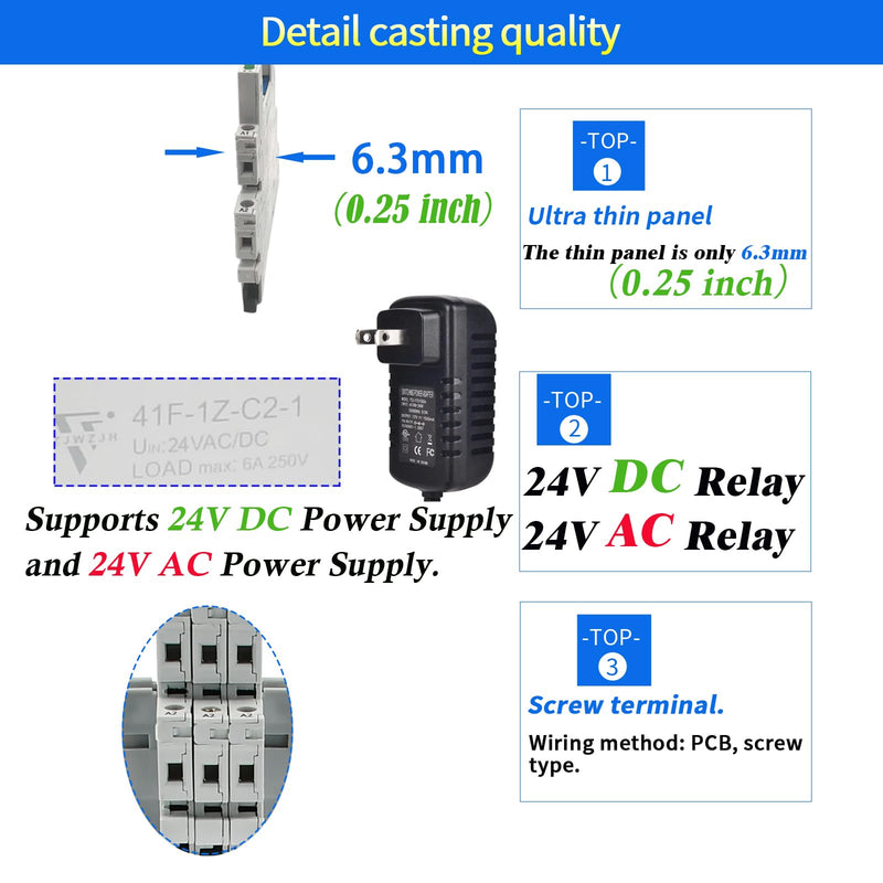 [Australia - AusPower] - 10Pcs Miniature Electromagnetic Relay 24V Coil DC/AC; Signal Relay for PLC; HF41F/24-ZS 1NO 1NC 6Amp SPDT with Jumper, Separator, 24V Relay Din Rail, UL Certification 10 PCS +24VDC/AC 