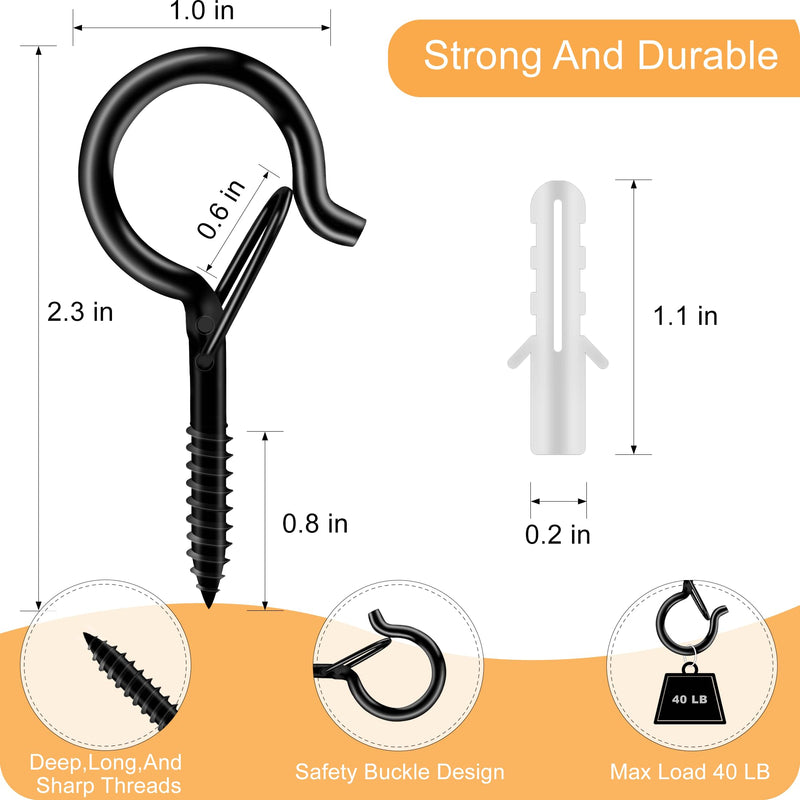 [Australia - AusPower] - Black Screw Hooks with Safety Lock - 2.3" Rustproof Metal Ceiling Hooks for Hanging Plants, Baskets,String Lights & Outdoor Decor, 40LB Capacity (20 Pack,Includes Storage Case & Plastic Caps) 20 Black 