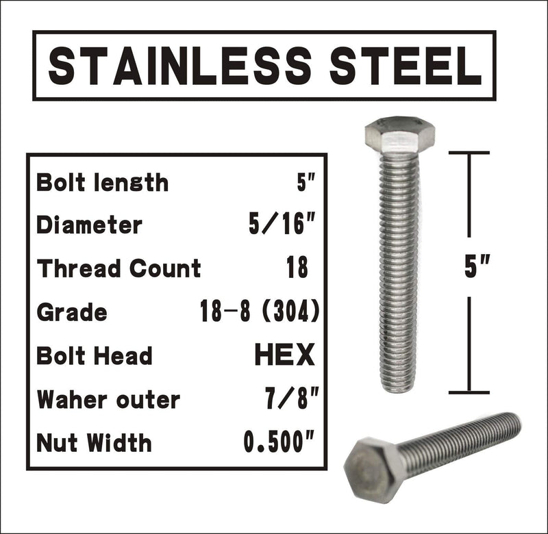 [Australia - AusPower] - (5 Sets) 5/16-18x5" Stainless Steel Hex Head Screws Bolts, Nuts, Flat & Lock Washers, 18-8 (304) S/S, Fully Threaded by Bolt Fullerkreg (5 Sets) 5/16x5" 