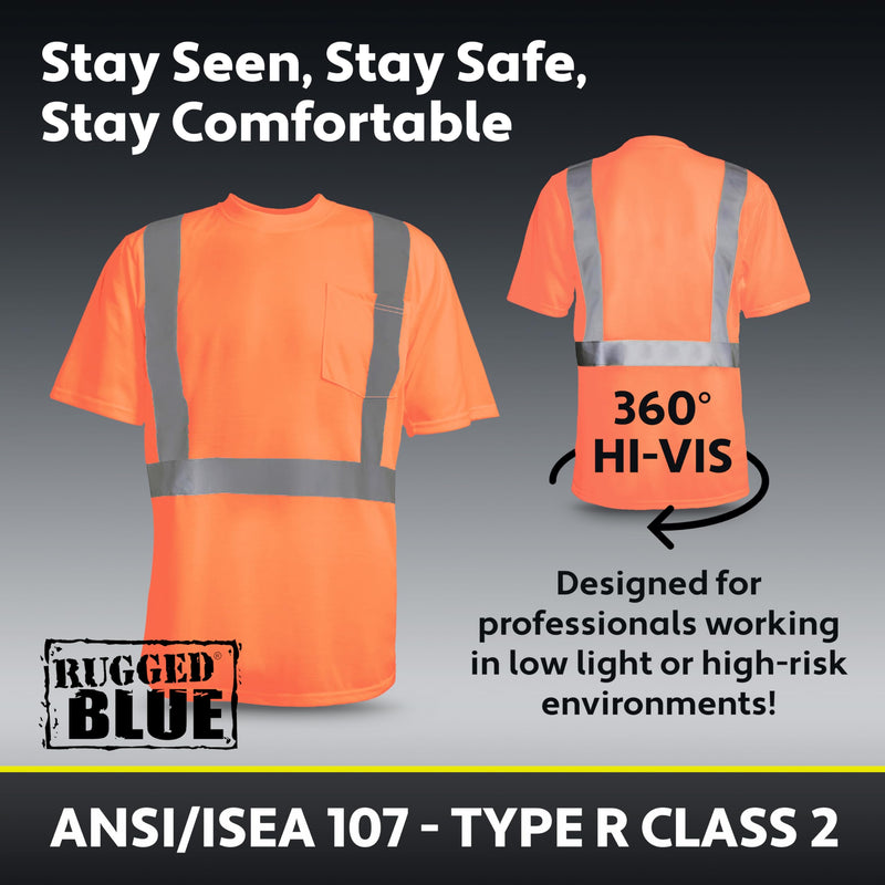 RUGGED BLUE ANSI Class 2 Wicking T-Shirt | High Visibility Shirts for Men | Made of Durable Polyester | Hi-Vis Shirts with Stitched Reflective Tape for Low-Light or Nighttime Visibility | Orange Medium