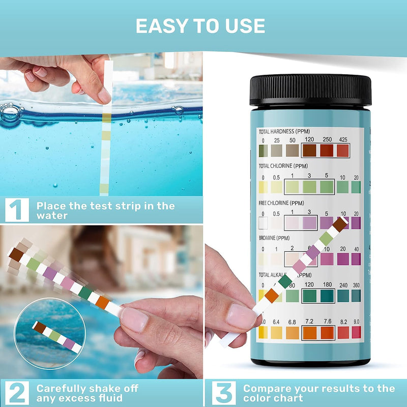 Hot Tub and Pool Test Strips - 6in1 Quick & Accurate Hot Tub, Spa, Pool Test Strips - 100 Water Test Strips, Water Test Kit with E-Book - Test Chlorine, Bromine, pH, Hardness, Alkalinity - JNW Direct HOT TUB TEST STRIPS - 100 STRIPS