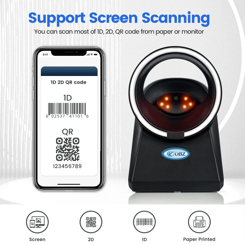 [Australia - AusPower] - OBZ Desktop Barcode Scanner Hands-Free 1D 2D Code Reader,Omnidirectional Automatic USB Wired Barcode Scanner with Adjustable Head,Plug and Play for Windows Mac Linux POS Store Inventory Management 