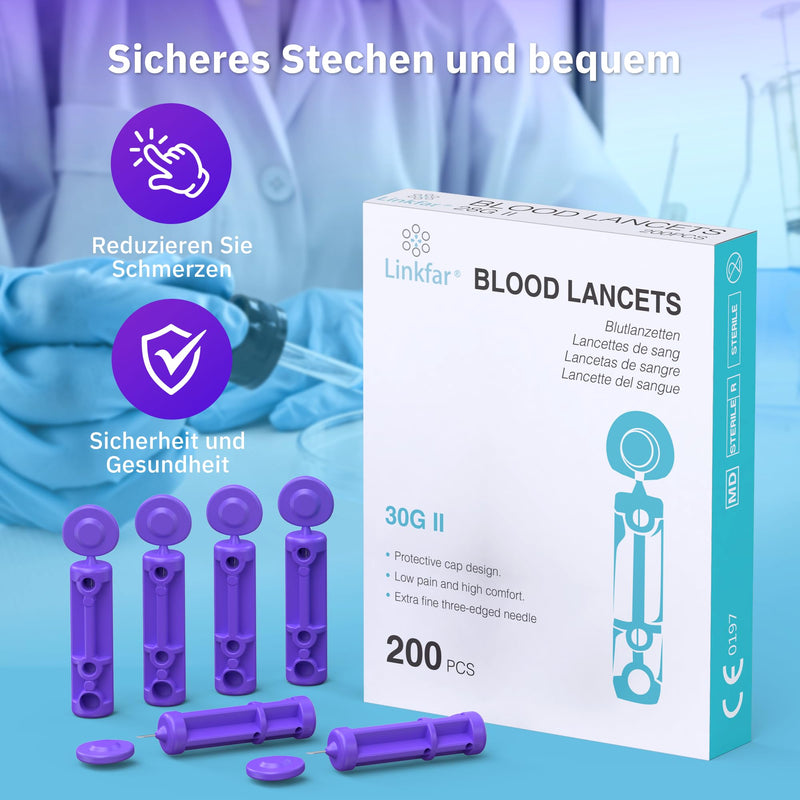LINKFAR Lancets 30G Sterile Pack of 200 | Disposable blood lancets for blood glucose monitor and diabetes test, compatible with common lancing aids 30G 200Pcs