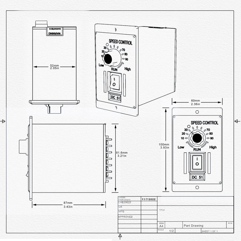 [Australia - AusPower] - DC Motor Speed Controller AC 110V Input 0-90V Output Knob Adjustable Electric Regulator for Permanent Magnet Motor 400W DC-51 