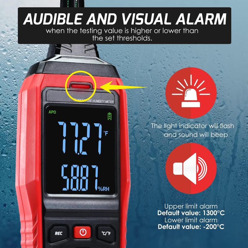 Humidity and Temperature Meter Data Logger Digital Psychrometer HVAC, Wet Bulb Thermometer Record 4000pcs Data and Export, Large LCD Humidity Tester Dew Point Meter with Indicator and Buzzer Alarm
