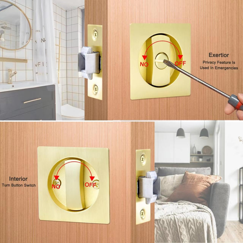 Dontay Pocket Door Privacy Lock, Flush Handles, 2-3/8" Backset, (Bed/Bath) Latch, Recessed Knob, Hardware for 1 3/8” to 2 3/16” Thickness Door (Including Edge Pull, Satin Brass, Square) Square - 2 Pack Including Edge Pull