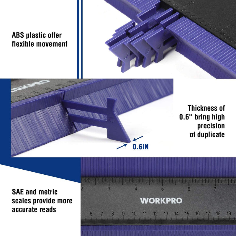 [Australia - AusPower] - WORKPRO Torpedo Level & 10" Contour Gauge and 6-Sided Angle Measuring Tool Combo Kit 