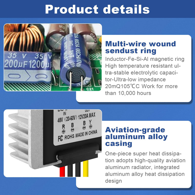 DC-DC Step-Down Converter, 36V 48V 60V to 12V Voltage Converter, Voltage Reducer Converter, Waterproof Power Supply Module Transformer, Voltage Limiter Adapter 20V-60V to 12V 20A