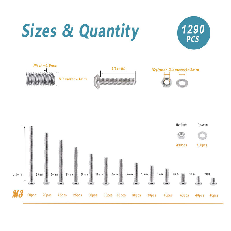 [Australia - AusPower] - Kadrick 1290 Pcs M3 Metric Screw Aassortment,4mm-40mm Commonly Used 304 Stainless Steel Button Head Hex Socket Cap Bolts Nuts Washers Kit with Hex Wrench 1290Pcs SS 